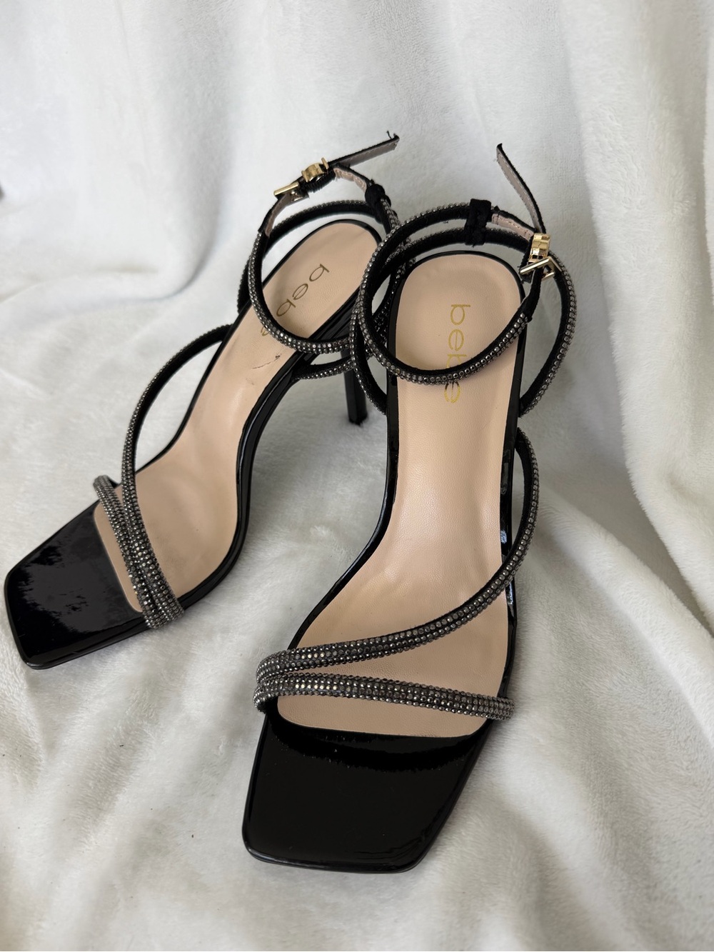Bebe  Black Rhinestone Strappy Stiletto Sandals
